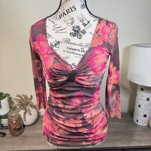 Vintage Y2k Cache Floral Mesh V-Neck Blouse Sz S 3/4 Sleeve Sheer Boho Stretch